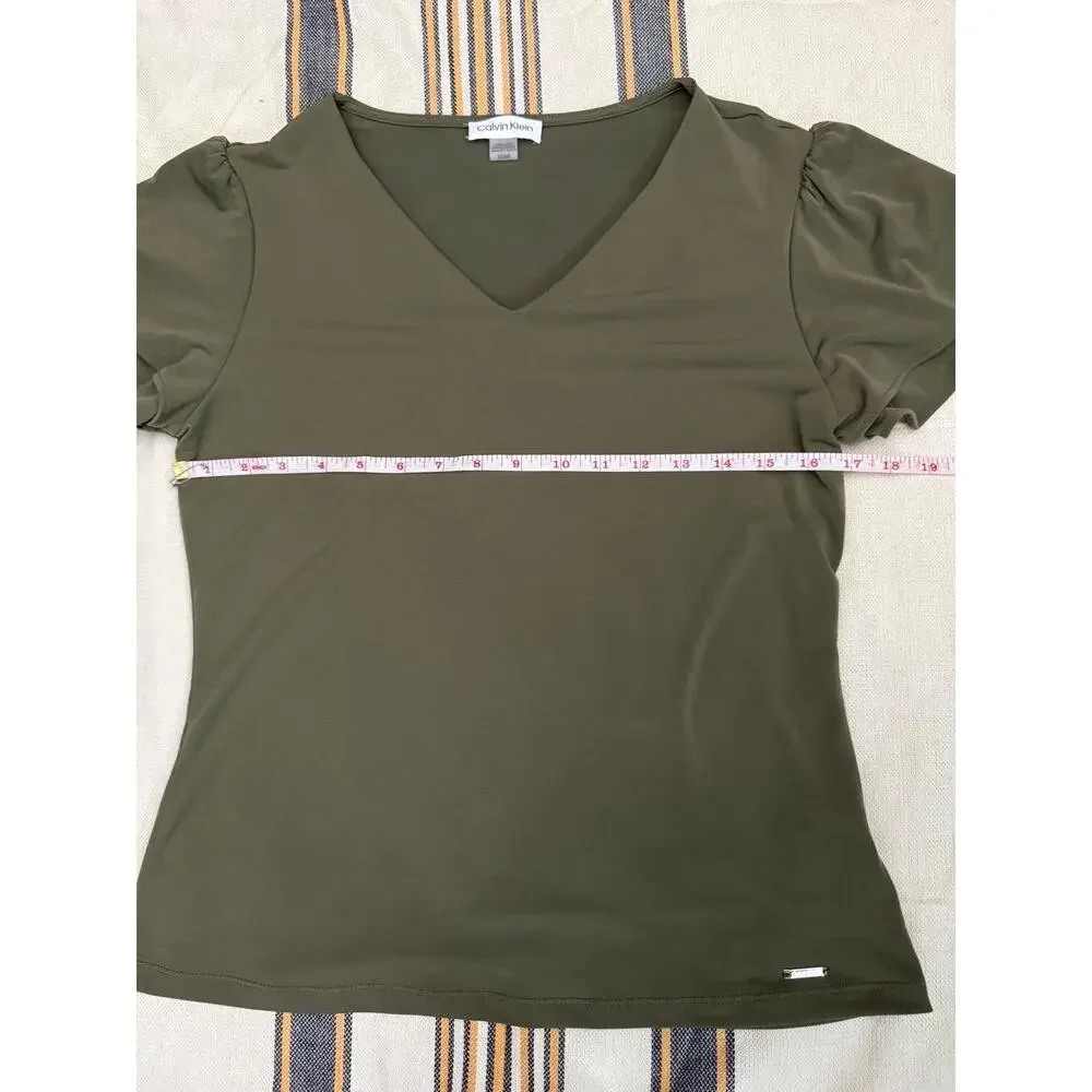 Calvin Klein Womens Small Olive Green Ruffle Top Layered V-Neck Boho Chic - Picture 5 of 8